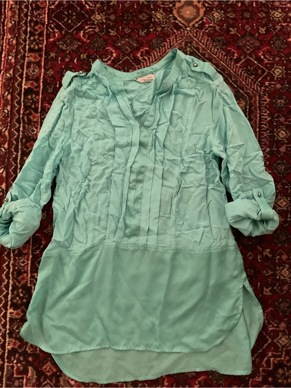 Calvin Klein Aqua V-Neck Pintuck Roll-Tab Blouse